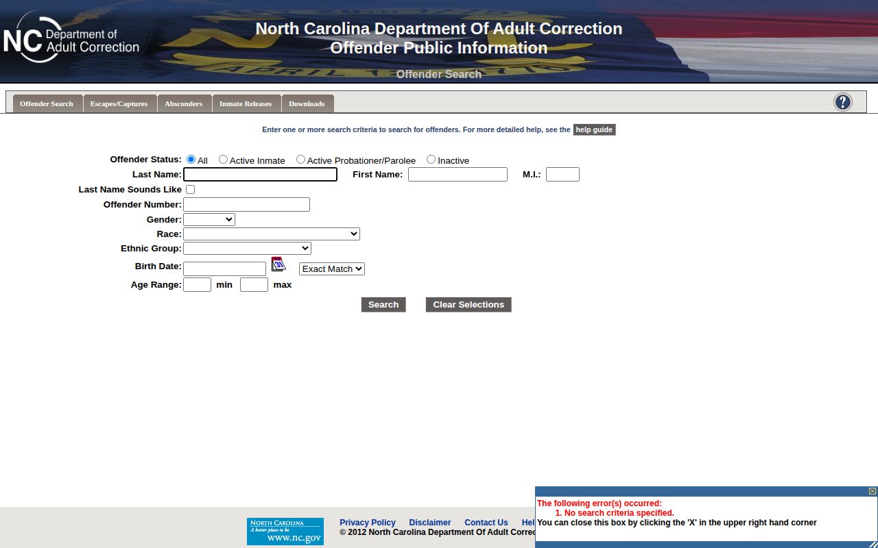 North Carolina NCDAC offender search for state records